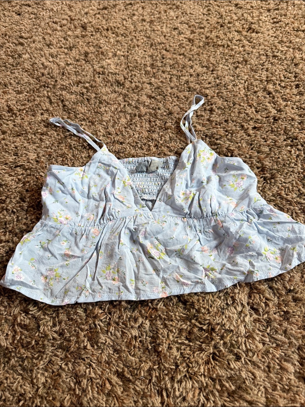 Sky and Sparrow Light Blue Floral Ruffle Crop Top